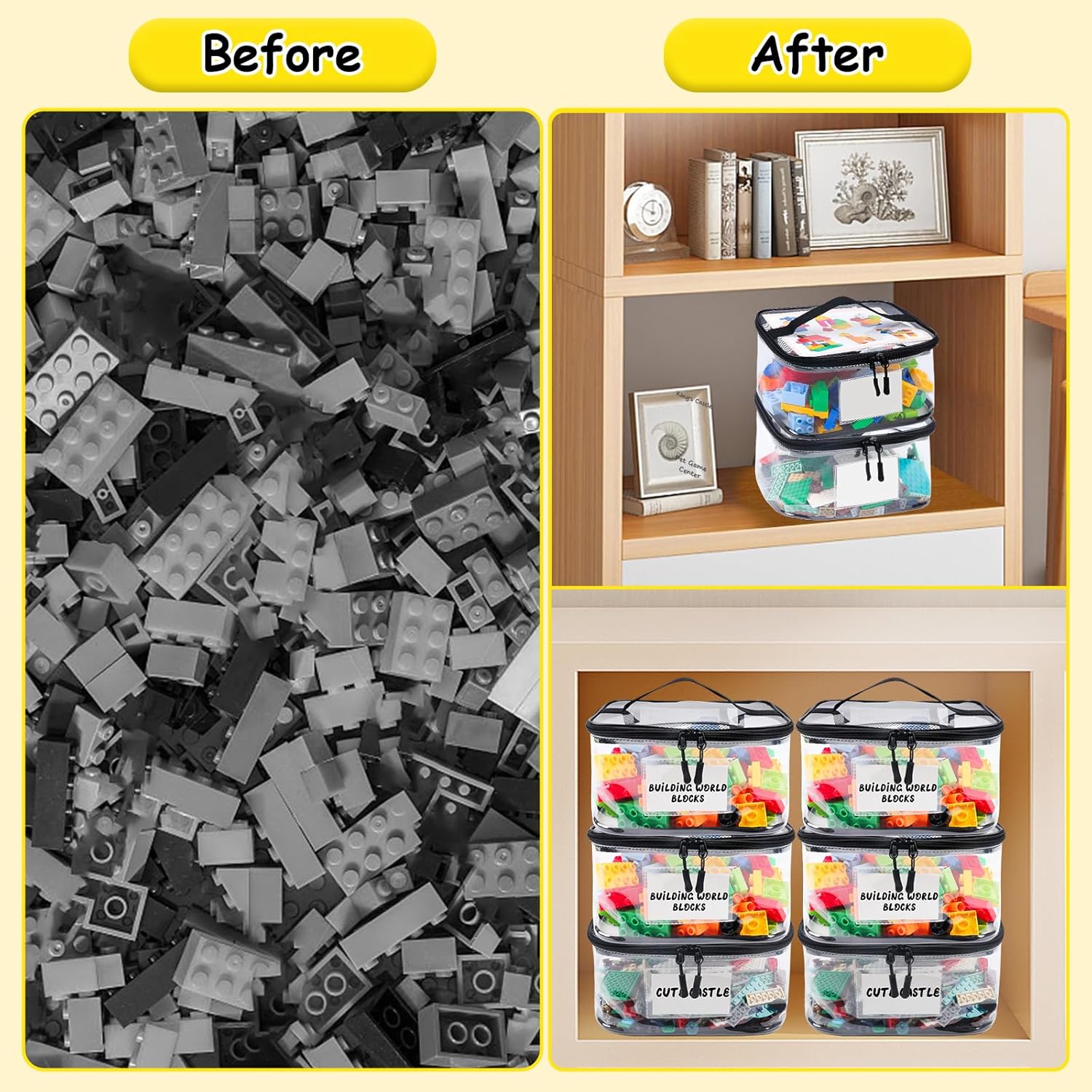 6 Pack Clear Toy Storage Bag with Name Tag& Manual Pocket, Waterproof Transparent PVC Toy Organizer Case for Lego Bricks, Board Games, Building Blocks, Puzzles (Large Capacity, Black)