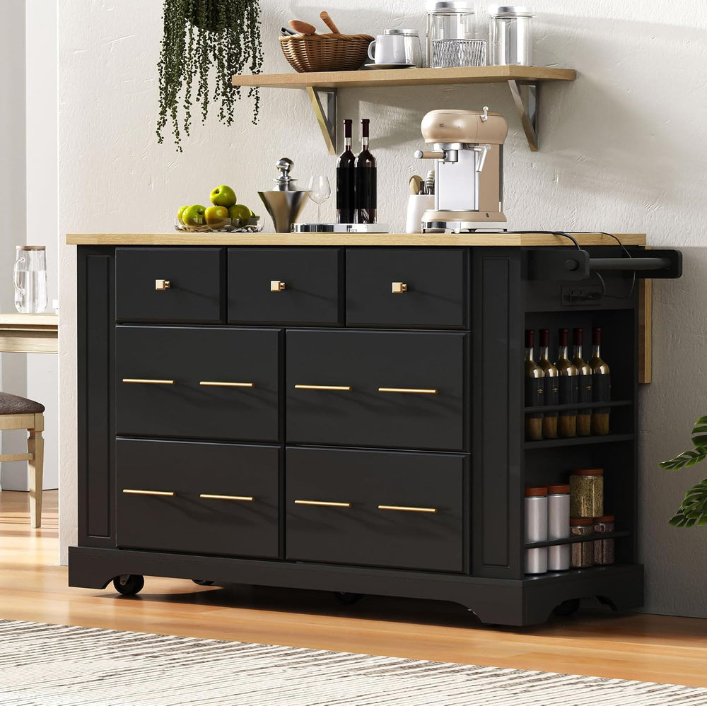 Geelife Kitchen Island with 6 Drawers and Pull-Out Trash Can Storage, Black |...