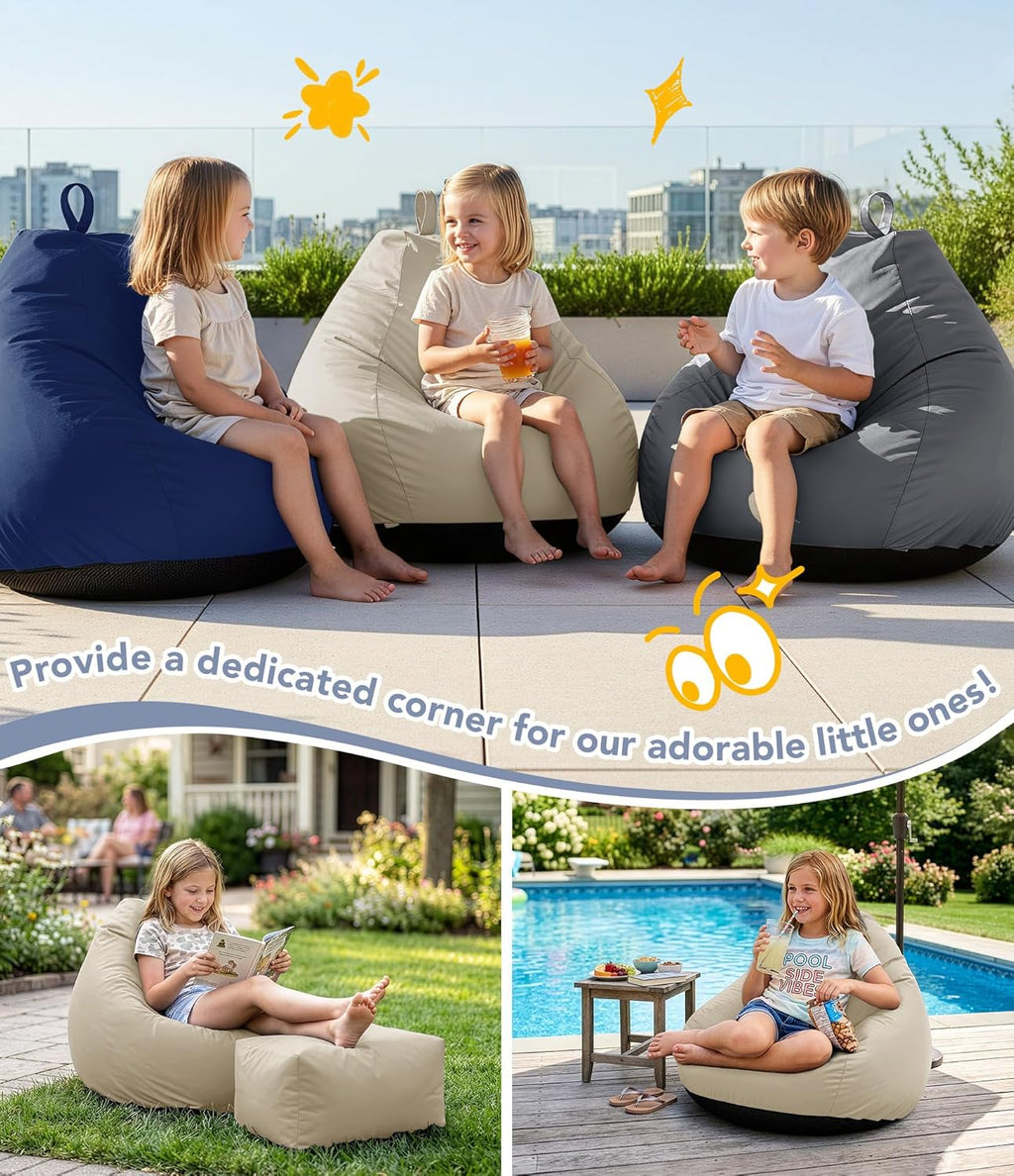 Outdoor Kids Bean Bag Chair with Shredded Foam Filling, Beige | For Patio Classroom Relaxing, Splash-Proof Detachable Zipper Cover with a Handle, Small Child Beanbag Reading Sofa Chair