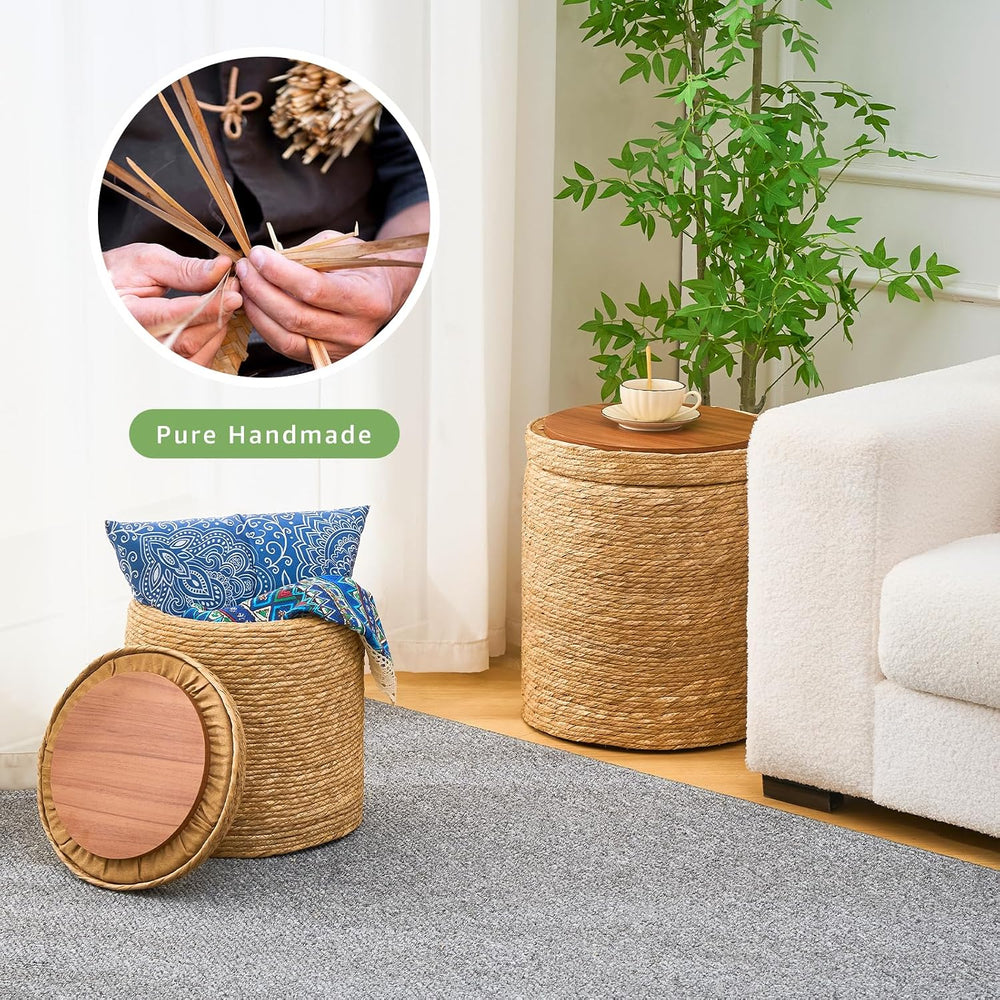 Round Storage Pouf Ottoman Hand Weaving Natural Boho Straw Footstool Pouffe |...