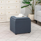 Adeco 17" H Navy Blue Storage Ottoman Cube with Tray Lid, Small Polyester Fabric Footstool with Storage, Square End Table for Living Room & Bedroom