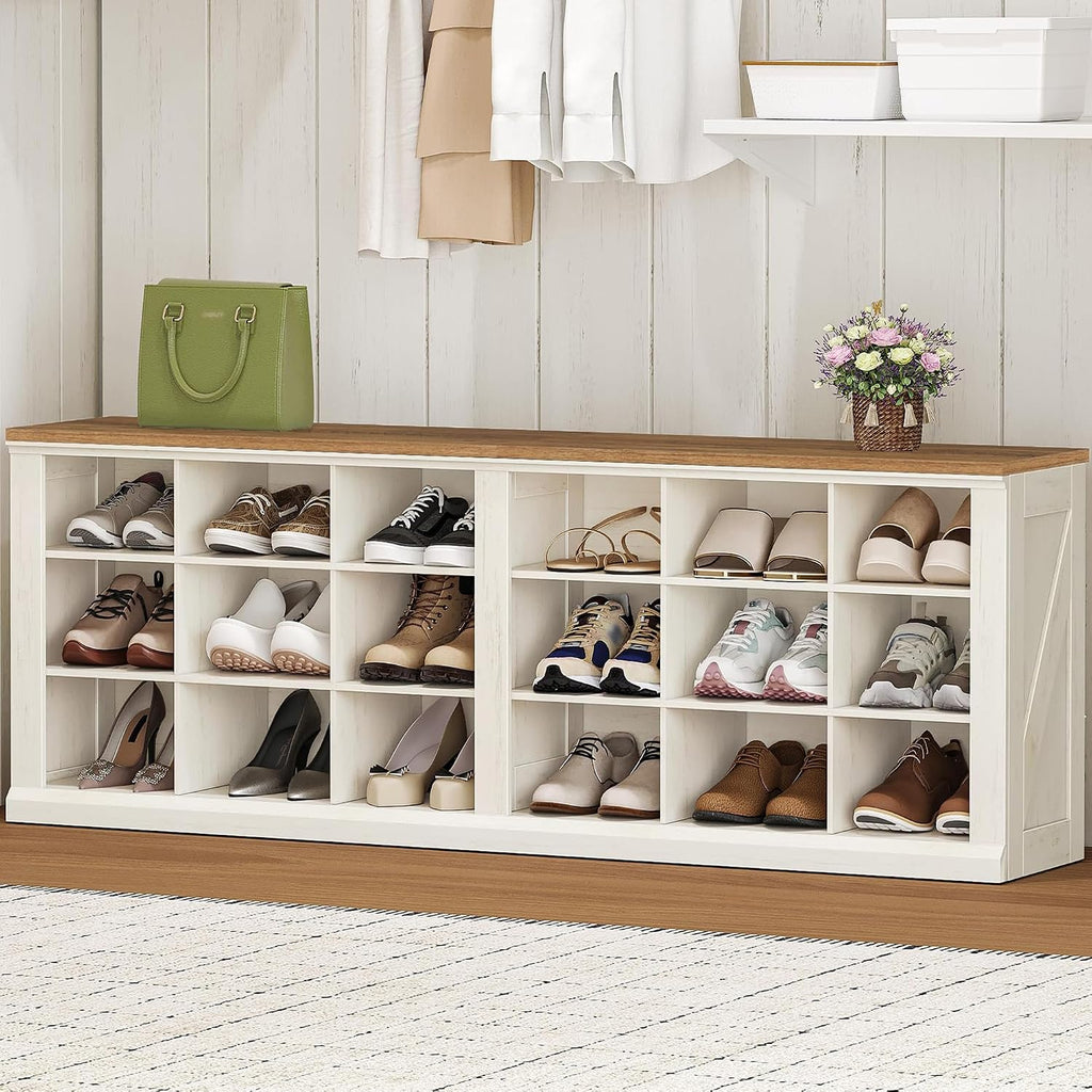 Hzuaneri Shoe Storage Bench, Wooden Entryway Shoe Benches with Cubby | Widened Wooden Farmhouse Shoe Bench with Compartments, Shoe Rack Benches for Cloakroom, Living Room, Antique White SB54514X