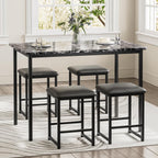 VECELO Kitchen Table and Chairs for 4, Dining Room Set with PU Chairs/Stools, Heavy-Duty Metal Frame, Faux Marble Tabletop, Space-Saving Design for Small Spaces, Easy Assembly, Veined Black