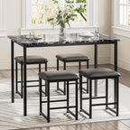 VECELO Kitchen Table and Chairs for 4, Dining Room Set with PU Chairs/Stools, Heavy-Duty Metal Frame, Faux Marble Tabletop, Space-Saving Design for Small Spaces, Easy Assembly, Elegant Black