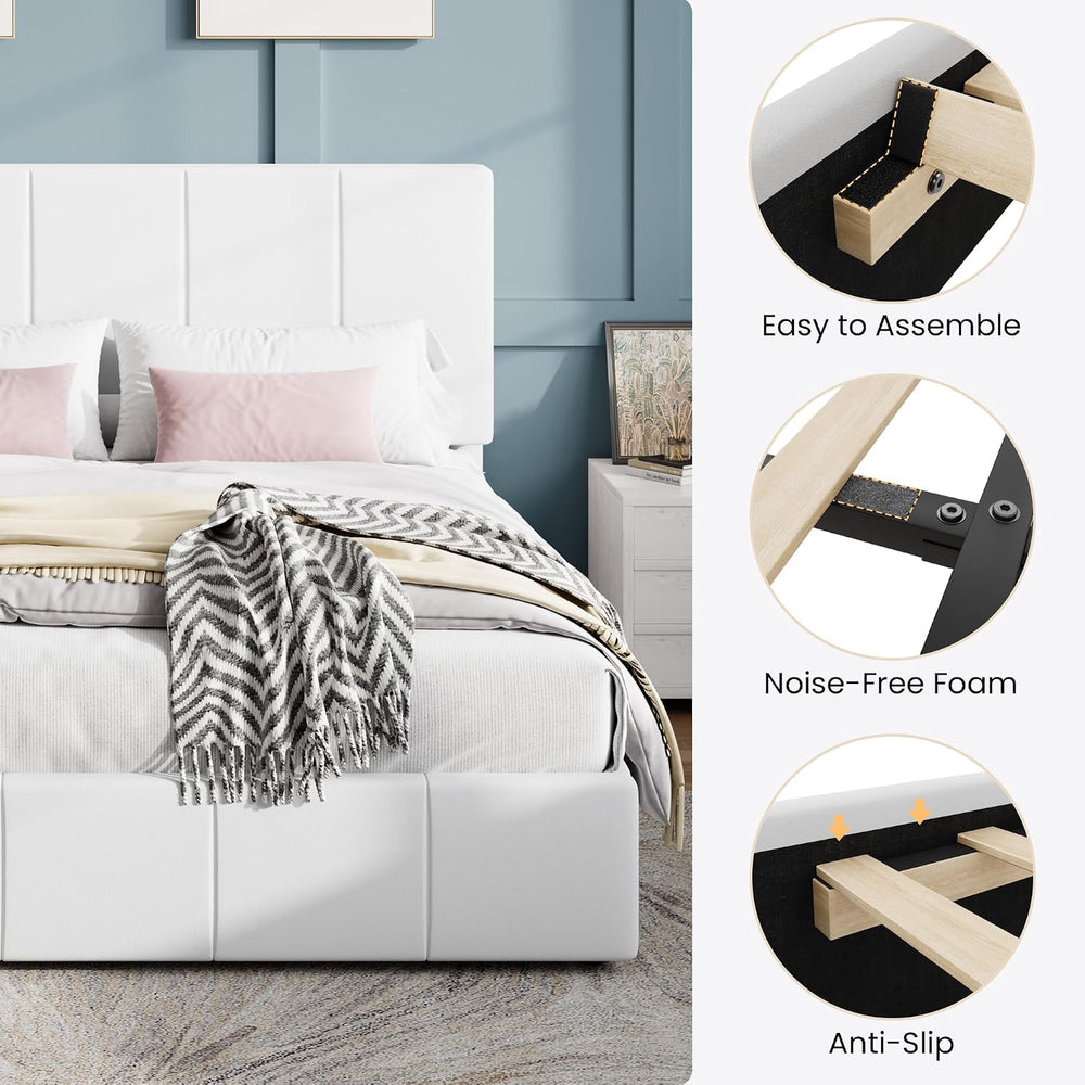 SHA CERLIN Queen Size Bed Frame, Velvet Upholstered Platform Bed, White