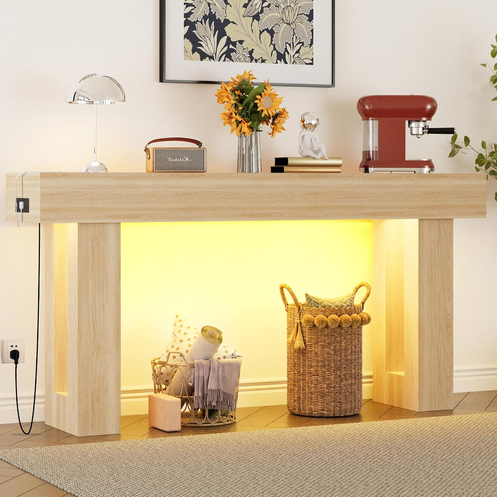Depeht 63" Long Console Table with Power Outlet, LED Lights and Storage ...