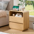Curved Night Stand Set of 2, 23.2" Large Wood Farmhouse Nightstand with Charging Station & 2 Storage Drawers Bedside Table, Modern End Table for Bedroom, Living Room, Natural