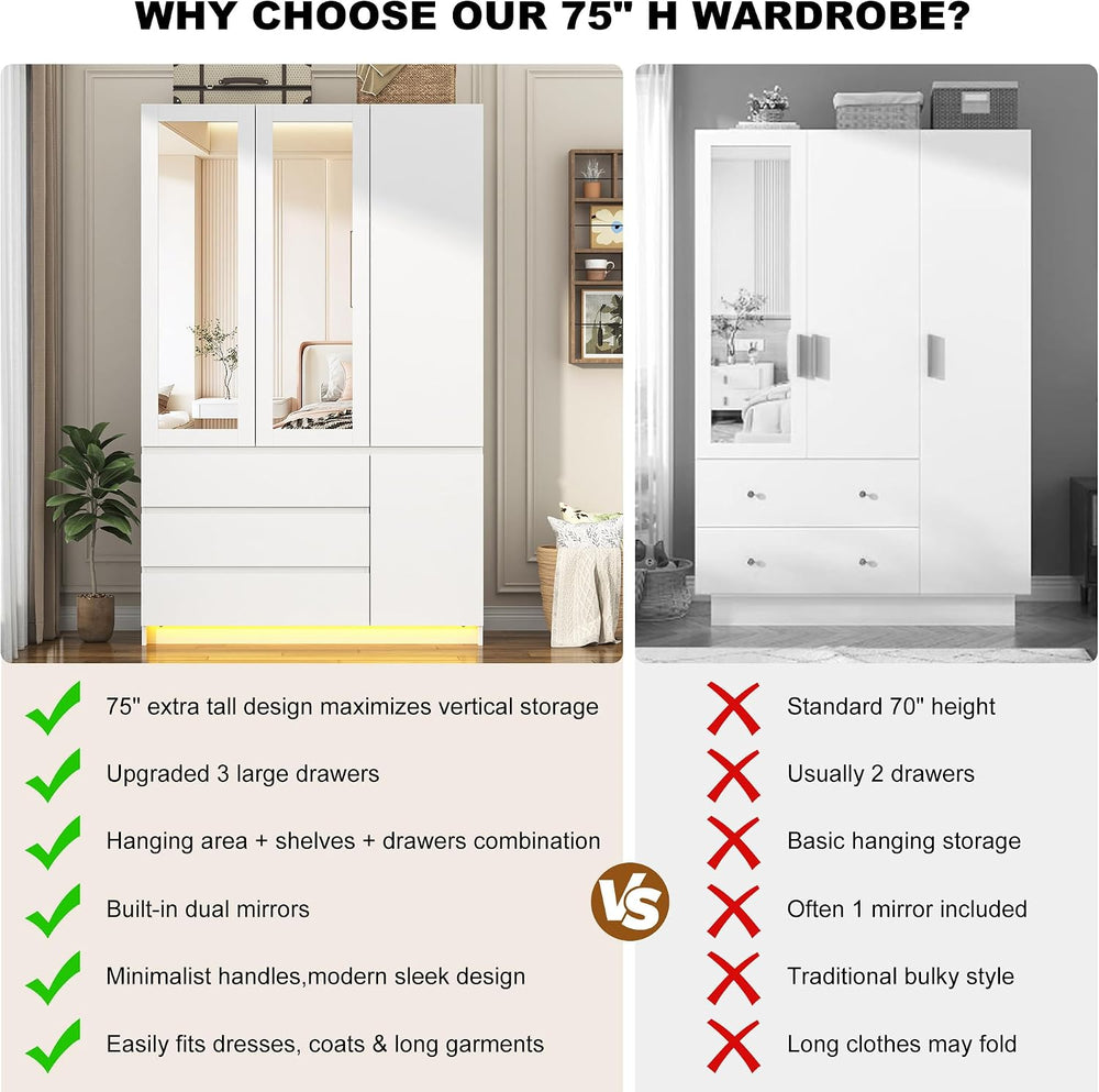 75"H Tall Modern 3 Doors Wooden Armoire Wardrobe Closet with 3 Drawers &...