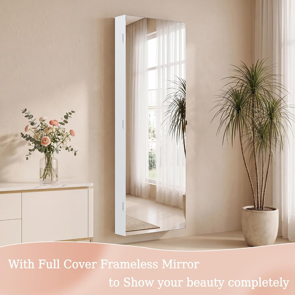Unisakey Lockable Mirror Jewelry Cabinet LED Lights Wall Mount White | Door or Wall Mount Flexible,Drawers Cosmetic Trays Shelves Inside,Built-in Full-Length Mirror,Dimensions 14.4"×3.15"×43.1"
