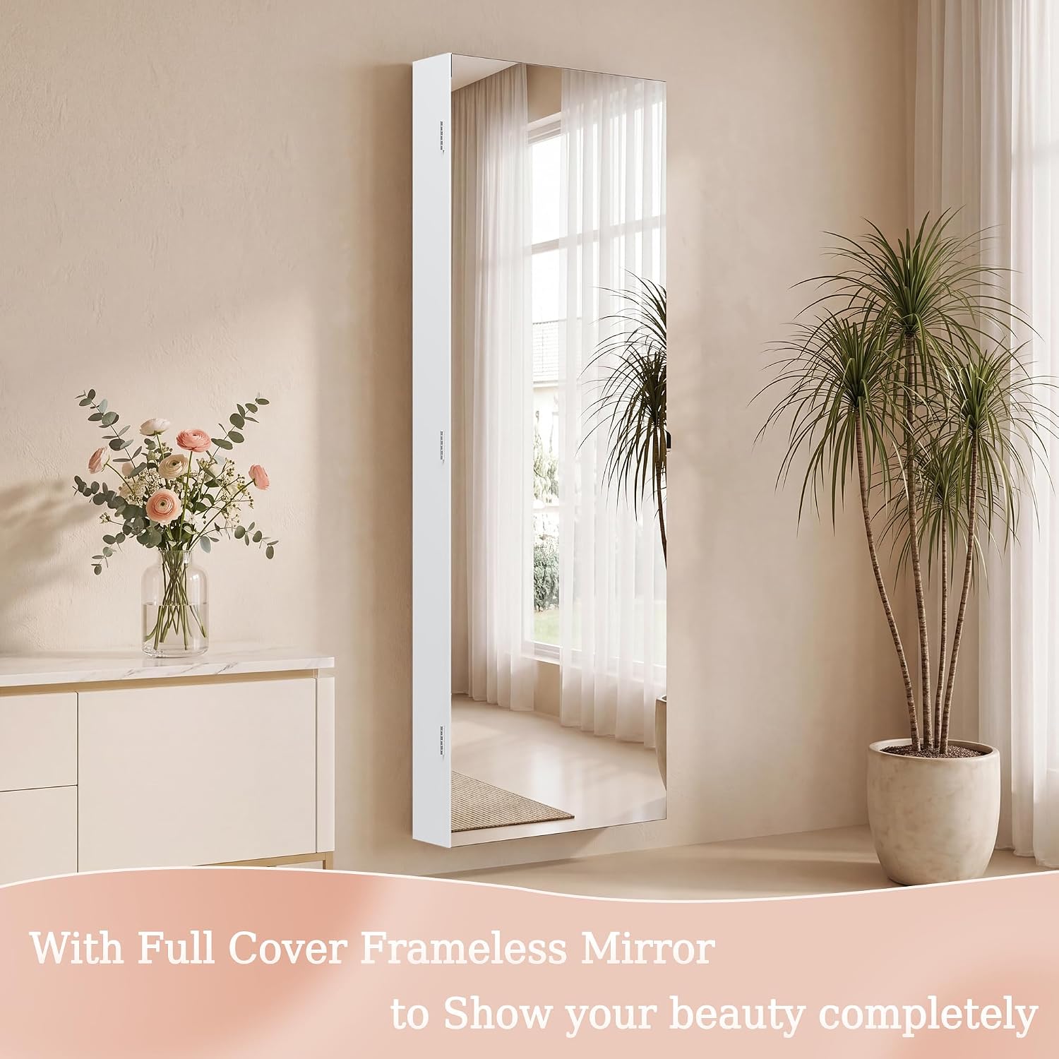 Unisakey Lockable Mirror Jewelry Cabinet LED Lights Wall Mount White | Door or Wall Mount Flexible,Drawers Cosmetic Trays Shelves Inside,Built-in Full-Length Mirror,Dimensions 14.4"×3.15"×43.1"