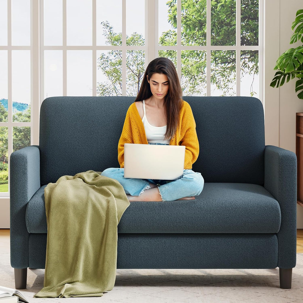 Welzona Loveseat, 51" Small Couch, Comfy Teddy Love Seat for Living Room, Tool-Free Setup Loveseat Sofa for Small Spaces, All-Wood Small Sofa Couch for Bedroom, Blue Grey