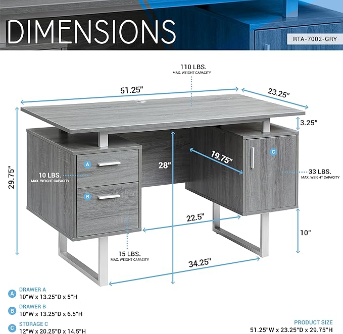 Techni Mobili Modern Office Desk with Storage, Gray