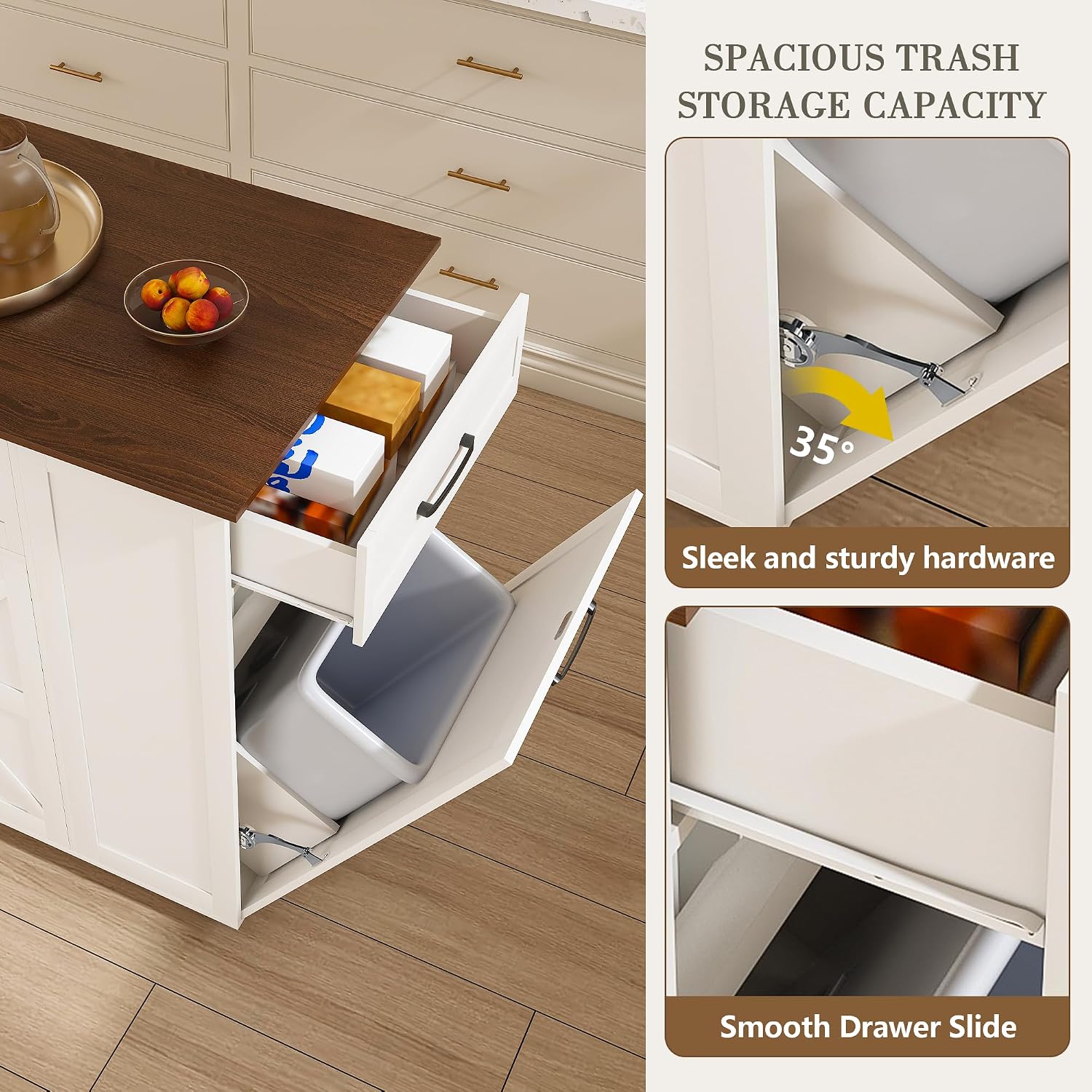 46" Kitchen Island with Power Outlet, Kitchen Storage Island with Drawer, Rolling Cart on Wheels, Wood Top with Adjustable Shelf and Trash Storage Cabinet, for Home, Dining Room (White, 46")