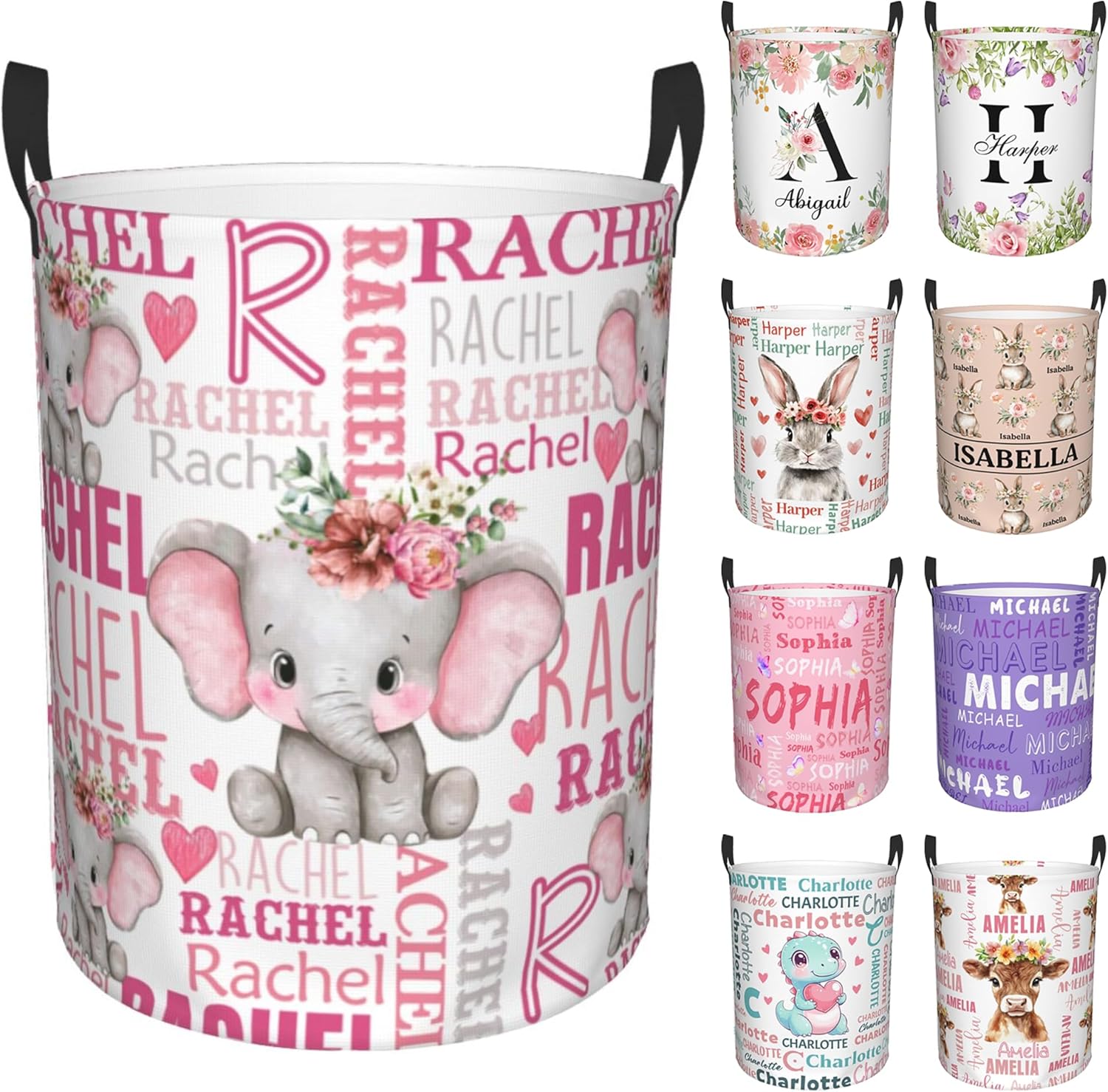 Custom Name Laundry Hamper, Personalized Elephant Laundry Basket with Name for Boys Girls Kids Men Women, Customized Name Dirty Clothes Basket Gifts for Clothes Toy Bathroom Bedroom Laundry Room Dorm