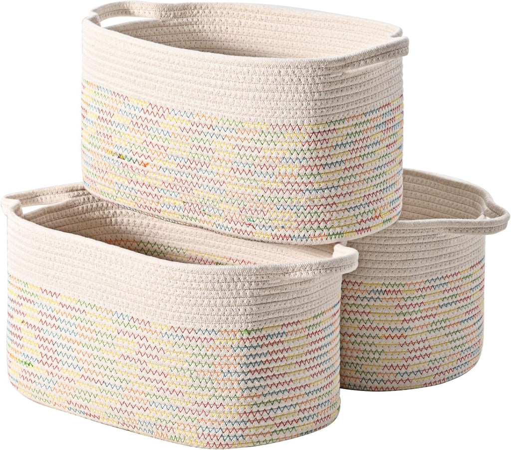DUHEL Cotton Rope Woven Storage Basket, Used for Baby Hamper Toy Organizer, Gift Baskets Empty,Kids Laundry Basket,Baby Blanket Basket. Size 15x10x8.7 Inches. (White&Colored Stitching-3Pcs)