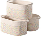 DUHEL Cotton Rope Woven Storage Basket, Used for Baby Hamper Toy Organizer, Gift Baskets Empty,Kids Laundry Basket,Baby Blanket Basket. Size 15x10x8.7 Inches. (White&Colored Stitching-3Pcs)