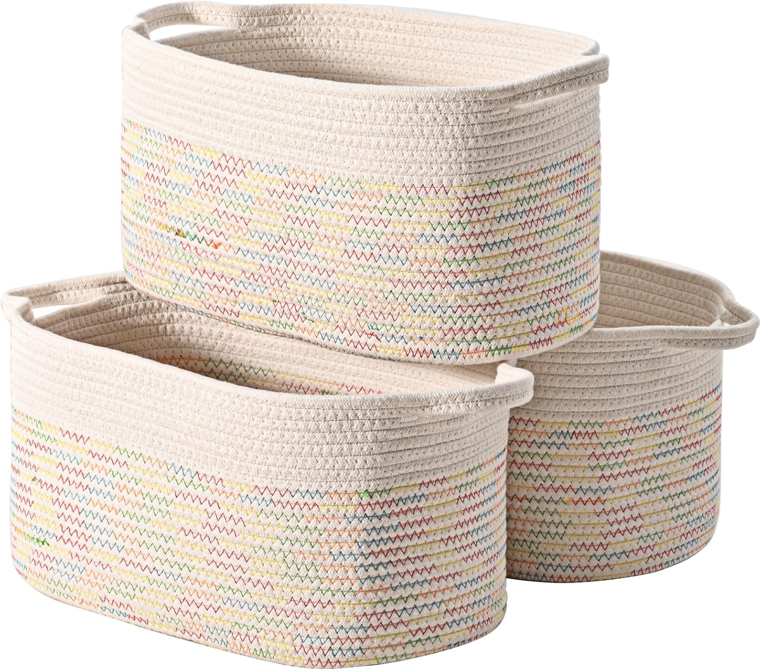 DUHEL Cotton Rope Woven Storage Basket, Used for Baby Hamper Toy Organizer, Gift Baskets Empty,Kids Laundry Basket,Baby Blanket Basket. Size 15x10x8.7 Inches. (White&Colored Stitching-3Pcs)