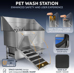 KANIS Professional Dog Washing Station - 304 Stainless Steel Pet Wash Sink & Grooming Bathtub w/Shower, Floor Grates and Storage for Large, Medium & Small Pets (61", 2 Drawers - Left Ramp)