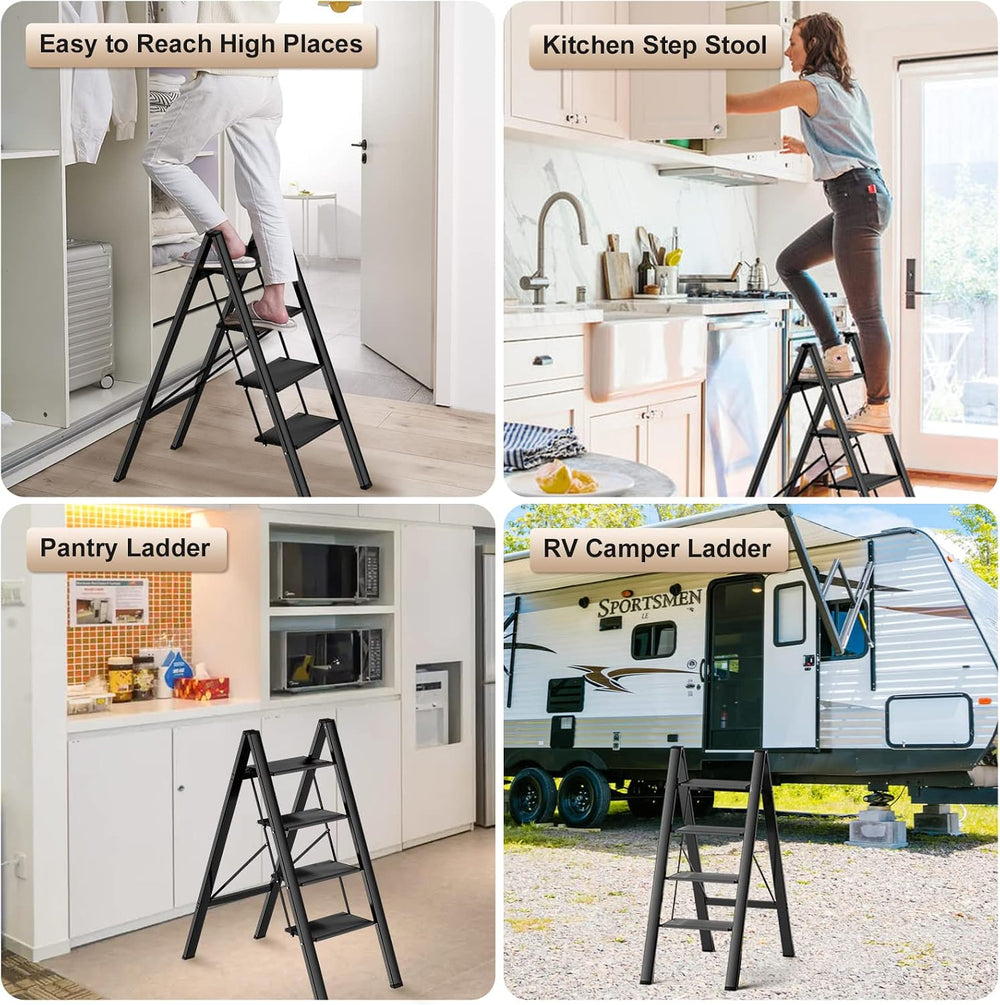 4 Step Ladder Foldable Step Stool, Aluminum Stepping Stools for Adults, Wide ...