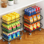 3-Tier Rolling Pantry Cart with Wheels, Stackable Wire Storage Floor Organizer for Kitchen Pantry Snack Shelves, Fruit Basket Stand, Vegetable Storage Rack for Food Snacks Onion Potato, Black, 2 Pack