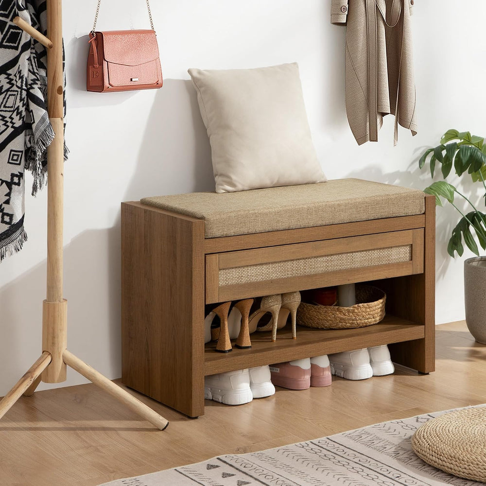 SICOTAS Rattan Shoe Bench Entryway Bench with Storage Drawer, Linen Cushion |...