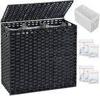 Laundry Hamper with Lid Laundry Basket 132 L (35 Gal) Wicker Clothes Hamper, Handwoven Rattan Hamper with Handles and 4 Removable Liner Bags, 6 Mesh Bags for Laundry Bedroom Black