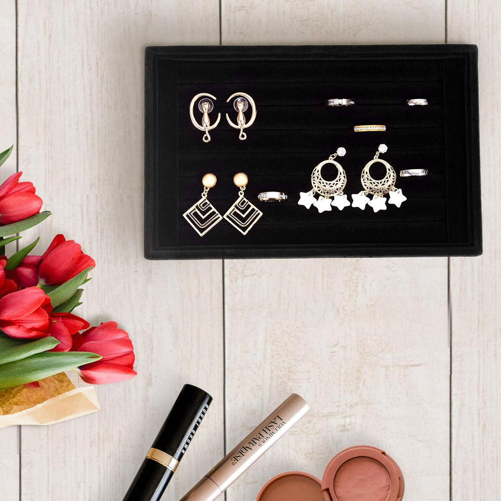 Valyria Velvet 7 Slots Ring Earrings Trays Showcase Display Jewelry Organizer VA003 (Black)