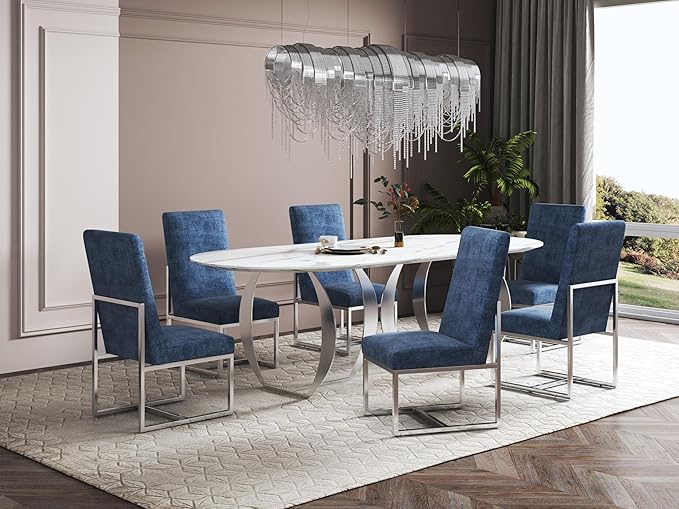 Manhattan Comfort Element Modern Velvet Dining Chairs, High Density Foam, Chrome Finish Stainless Steel Frame, High-Back, Fully Assembled Industrial Chic Accent Furniture, Set of 1, Blue