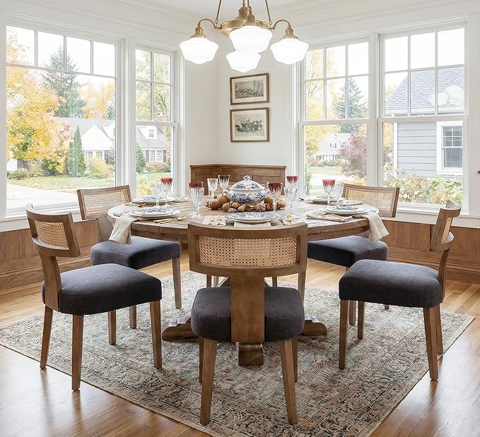 Rattan Dining Chairs Set of 6, Modern Fabric Upholstered Kitchen Chairs, Wooden Dining Room Chair Farmhouse Dinner Chair, Charcoal