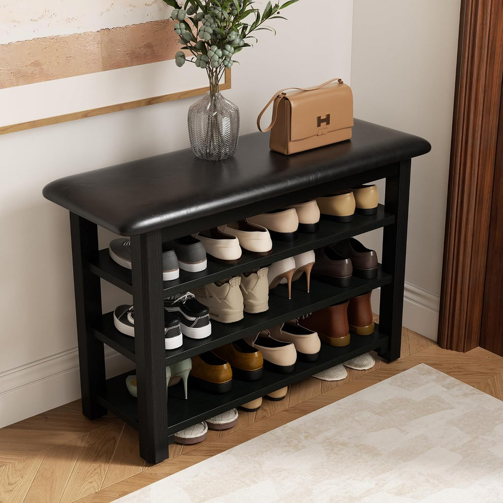 Shoe Rack Bench with Leather Cushion 3-Tier Shoe Rack Organizer for Entryway Hallway or Living Room Farmhouse Rustic Wooden Seat Bench Black 11.8" Dx23.6 Wx20.4 H