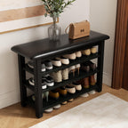 Shoe Rack Bench with Leather Cushion 3-Tier Shoe Rack Organizer for Entryway Hallway or Living Room Farmhouse Rustic Wooden Seat Bench Black 11.8" Dx23.6 Wx20.4 H