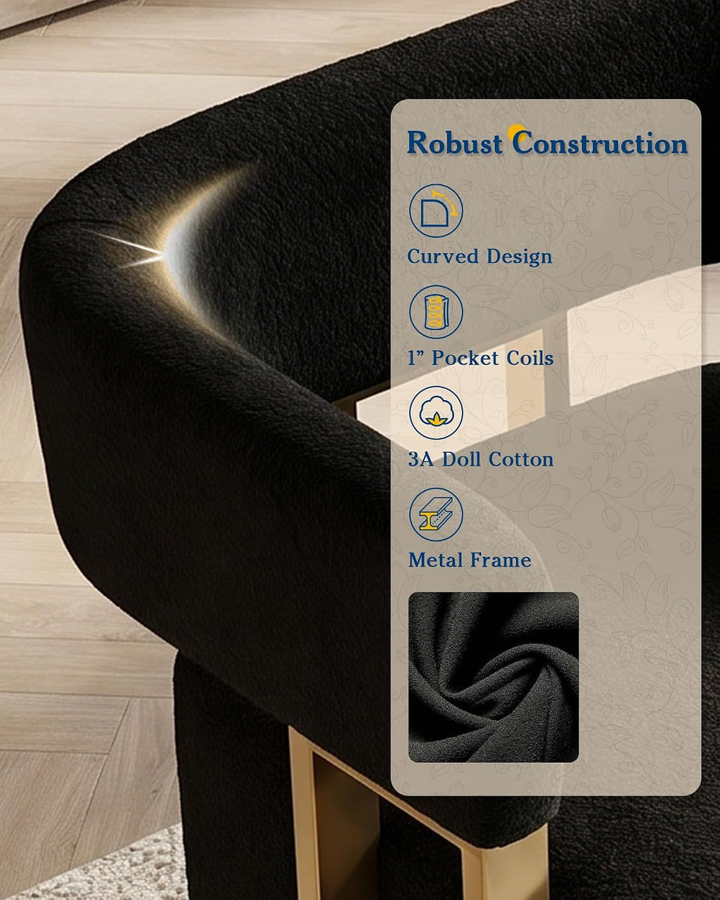 Mid Century Modern Accent Chair Set of 2, Barrel, Black Boucle, Gold Leg | AODAILIHB Upholstered Comfy Luxury Living Room Chairs, Cloud Armchair Set w/ Curved Back For Bedroom Dorm Office Lounge Decor