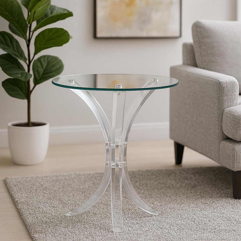 CARTESIAN Modern Round Glass Side Table, Clear Acrylic Base, 18-Inch Tempered...