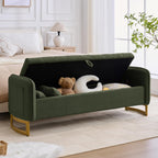 66'' King Size Storage Bench for Bedroom, Teddy Boucle End of Bed Benches for Foot of Bed, Storage Ottoman Bench with Golden Legs and Pockets for Living Room Window Entryway, Green