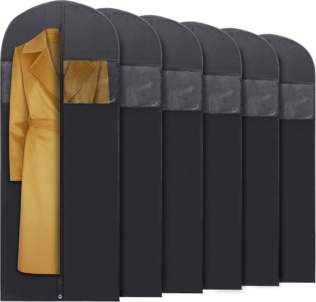 Plixio 60” Black Garment Bags for Hanging Clothes, Men Suit Bag for Travel and Clothing Closet Storage of Women Dress, Shirts, Coats, Suit Cover - Includes Zipper and Transparent Window (Pack of 6)