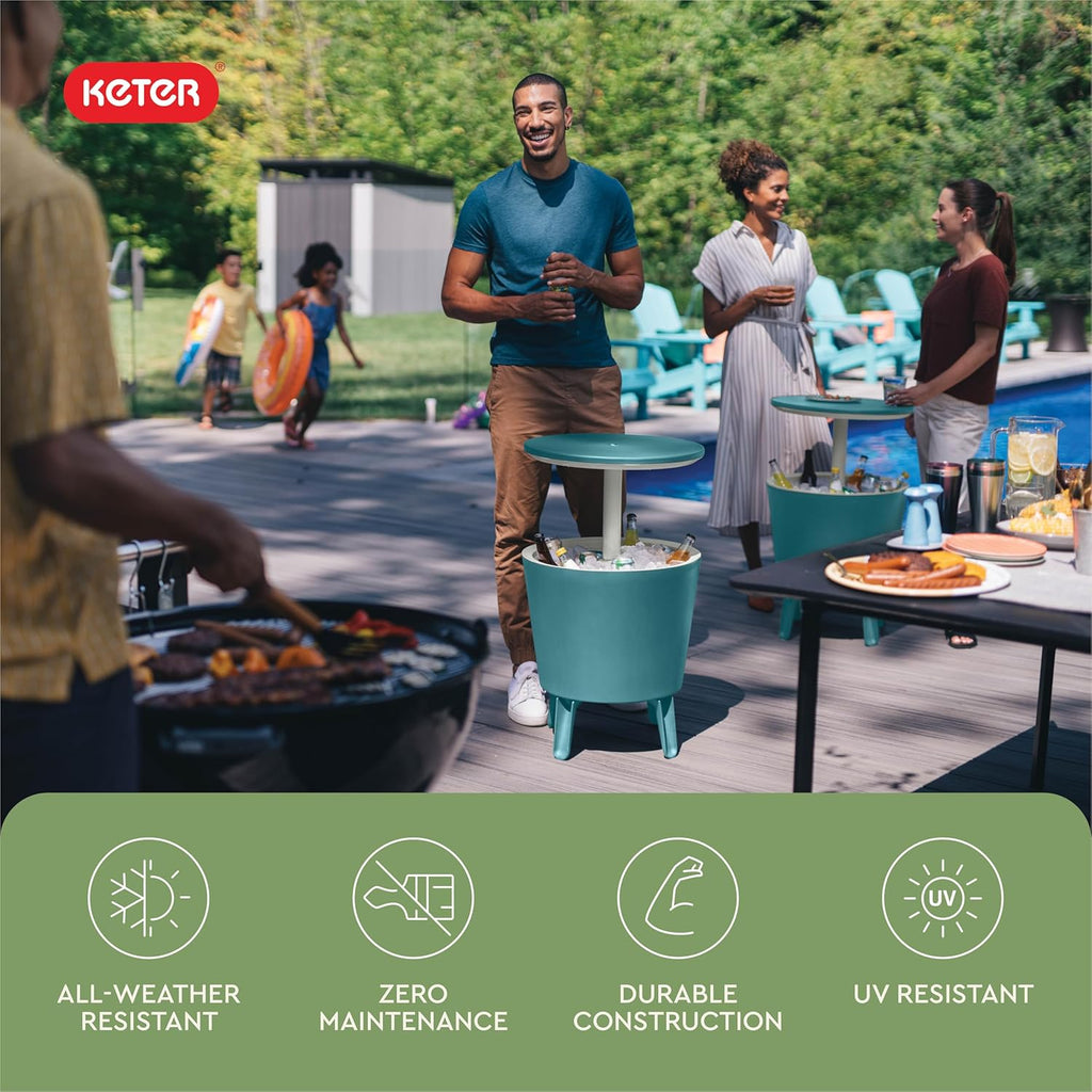 Keter Modern Cool Bar Outdoor Patio Furniture and Hot Tub Side Table with 7.5 Gallon Beer and Wine Cooler, Teal