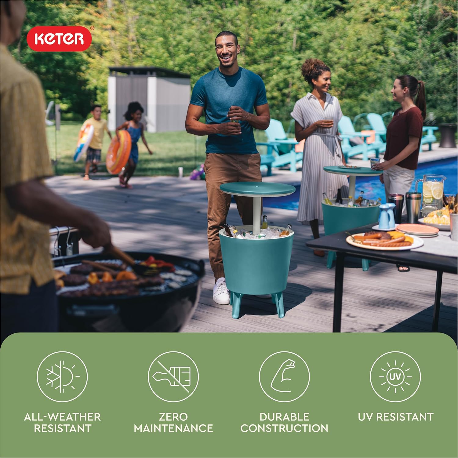Keter Modern Cool Bar Outdoor Patio Furniture and Hot Tub Side Table with 7.5 Gallon Beer and Wine Cooler, Teal