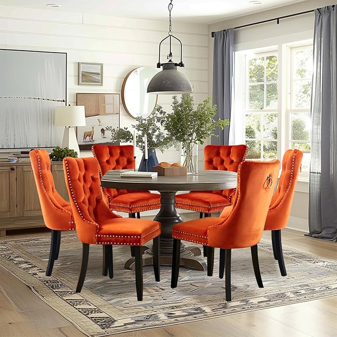 Velvet Upholstered Dining Chairs Set of 6, Modern Style Kitchen Side Chairs with Nailhead Trim and Wood Legs,Metal Pulling Ring for Dining Room Living Room(Orange,Set of 6)
