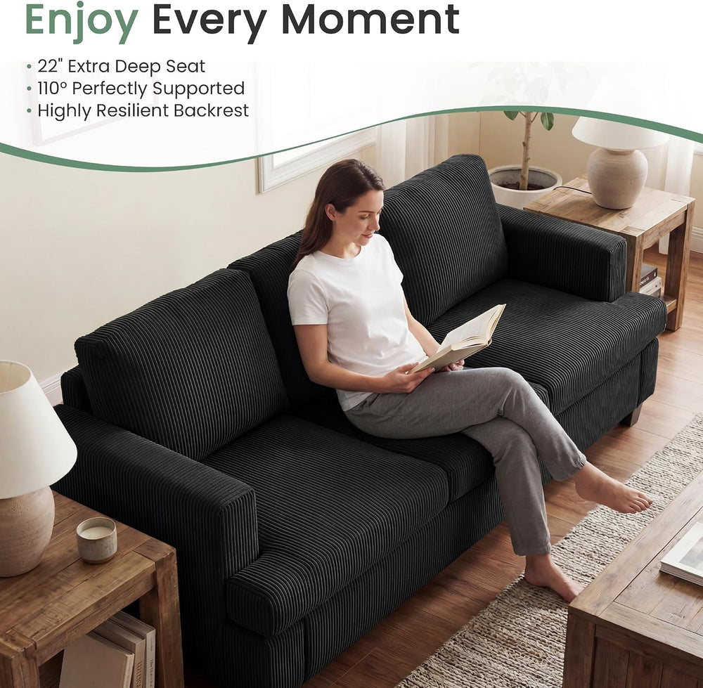 2 Pieces Corduroy Couch Set for Living Room, Black Cloud Sofa, Deep Seat Floo...