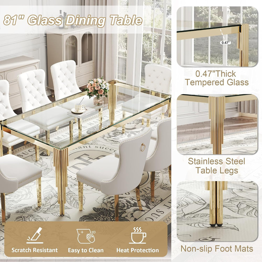 Rectangle Glass Dining Table, 81" Clear Tempered Glass Desktop with Gold...