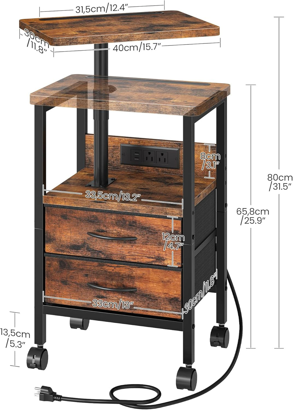 Height Adjustable Side Table with Swivel Tabletop, End Table with Charging St...
