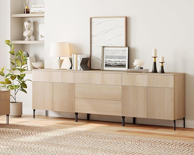 WAMPAT Fluted TV Stand for TVs up to 100 inchs, 3 in 1 Modern Entertainment Center with Storage Cabinets and 5 Drawers & 4 Doors, Wood Media TV Console Table with Storage for Living Room, Beige