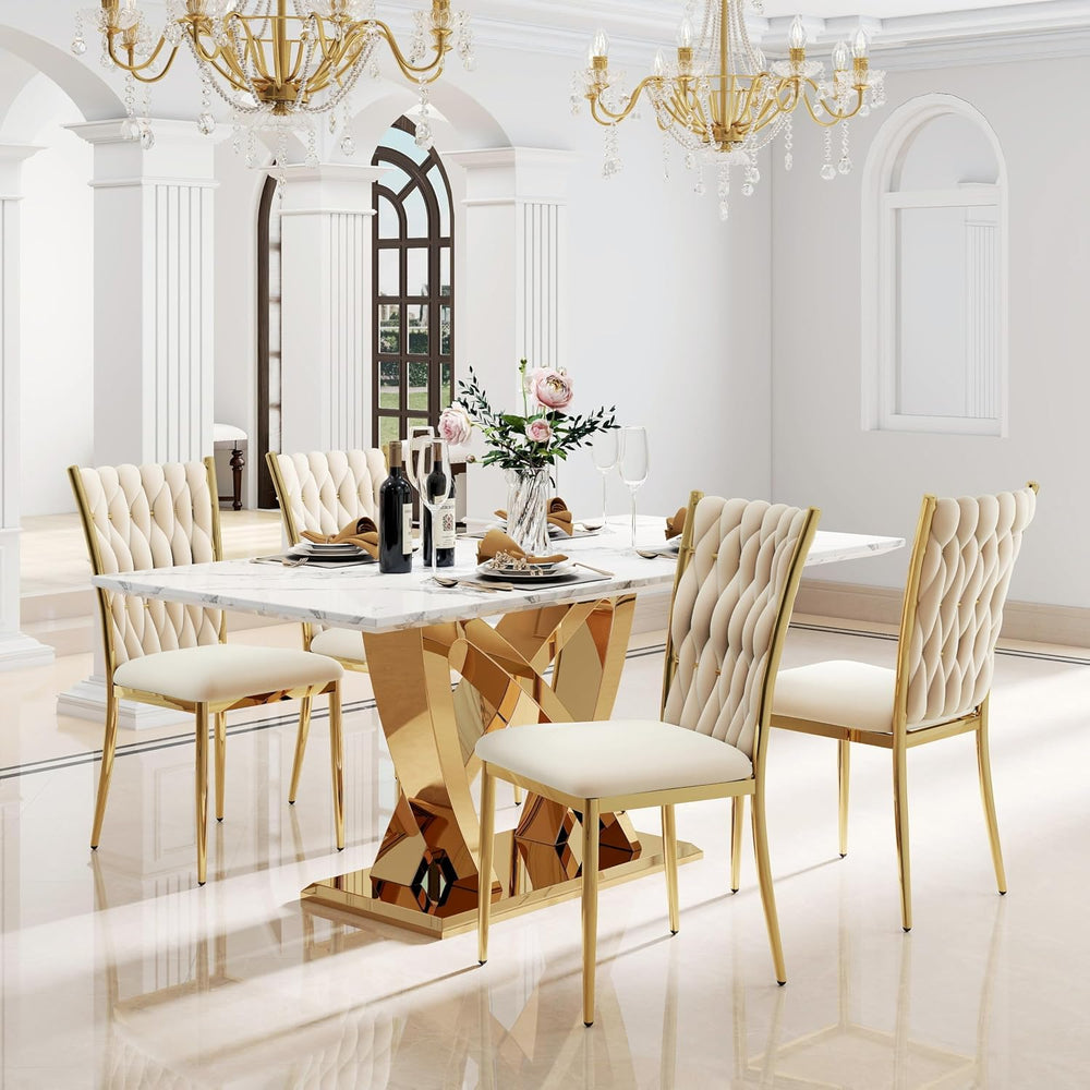 Modern Dining Chairs Set of 4, Beige Velvet Woven Kitchen Chair with Golden M...