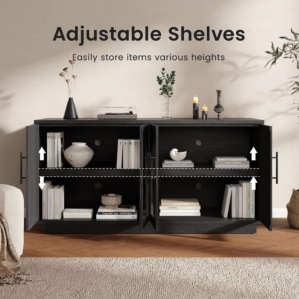 Fatmok 59" Buffet Cabinet with Arched Doors, Sideboard Storage Cabinet with Adjustable Shelves for Kitchen, Living Room, Black Grey