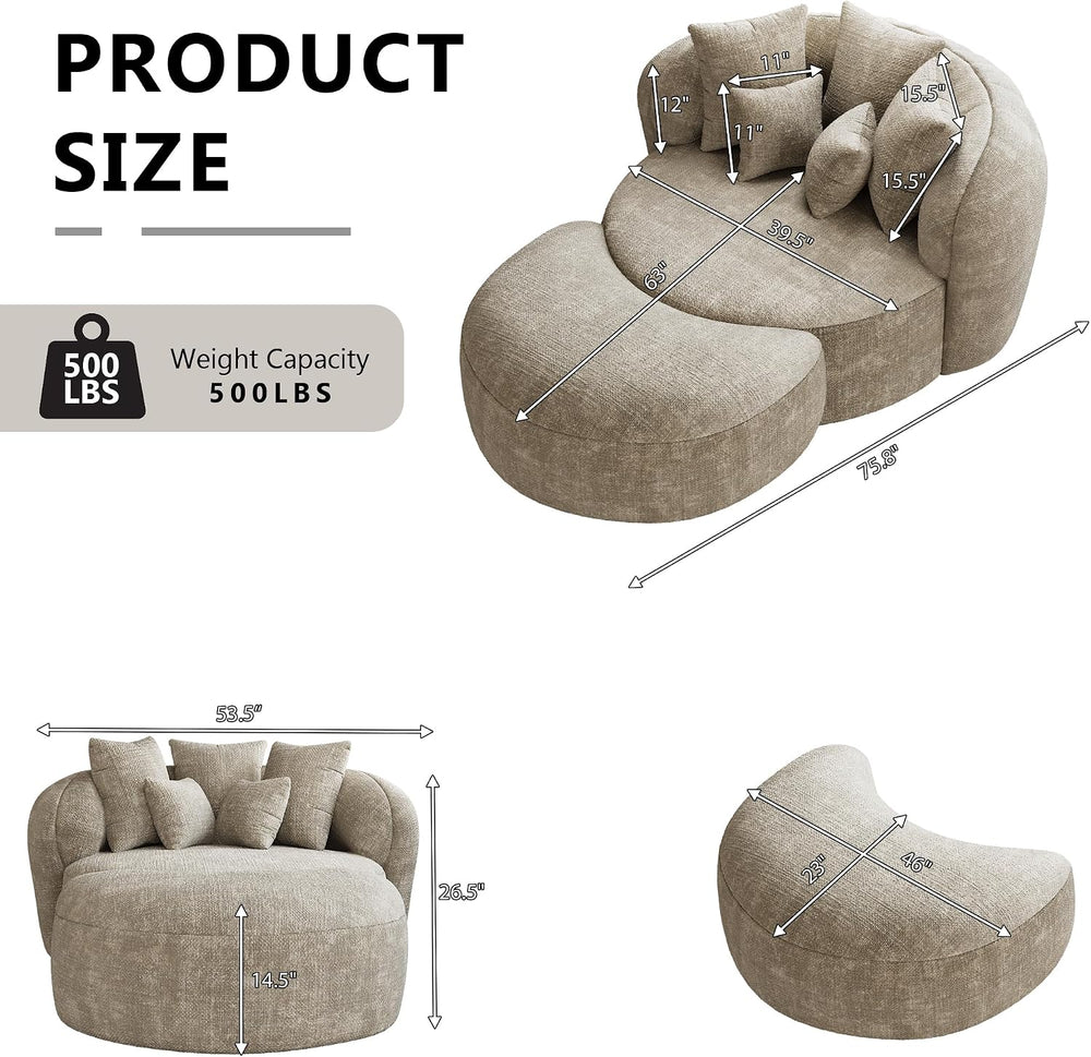 53.5" Oversized Round Chaise Lounge with Ottoman, Chenille, Light Brown ...