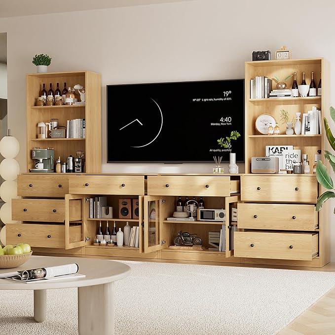 TUSY 71" Large TV Stand Set - TV Entertainment Center for TVs up to 65", Media Center with Tempered Glass Doors and Drawer, TV Hutch with Bookshelves for Living Room (Wood, BFFB)