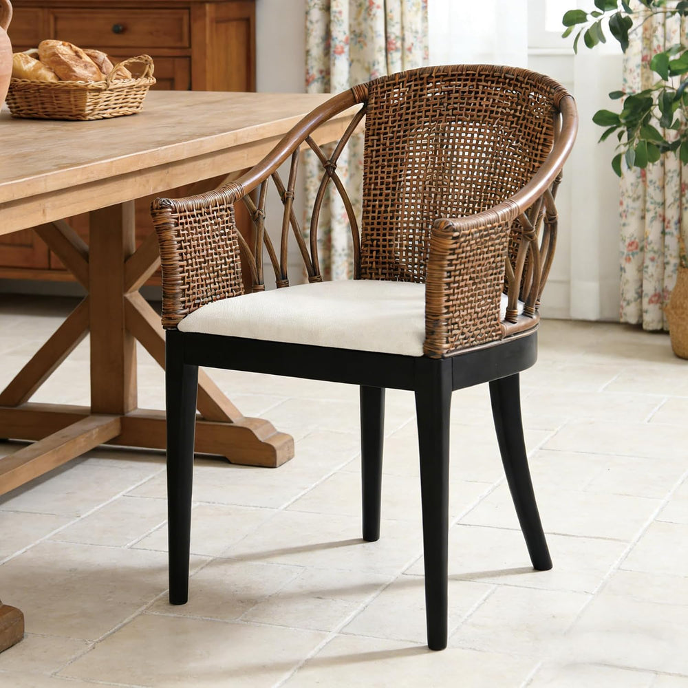 DUHOME Wood Rattan Arm Accent Chair Natural Wash/White Cushion Side Armchair ...
