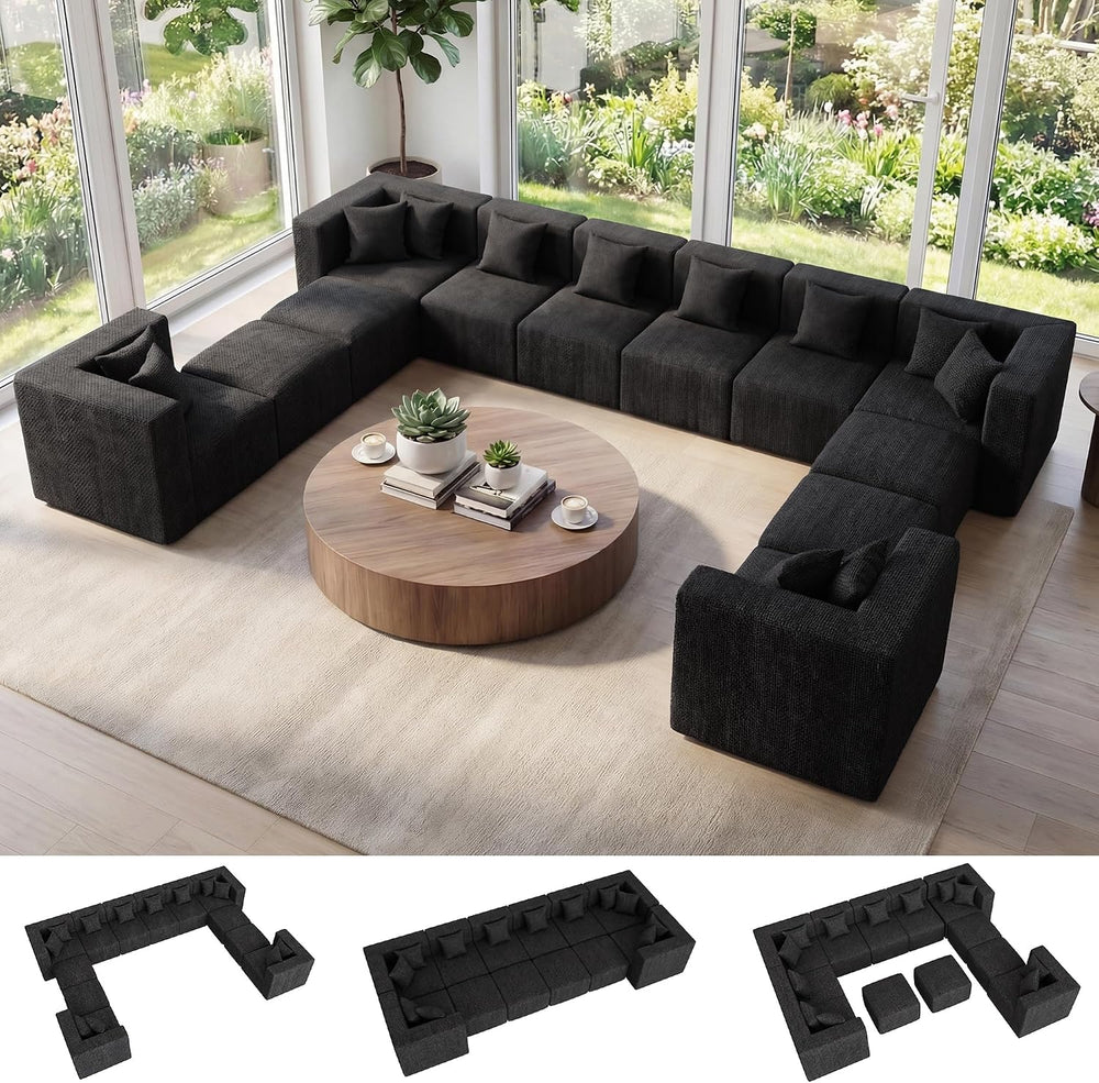 MONVANE Oversized Sectional Couch 12-Seat, Chenille, Black | Sectional Couch ...