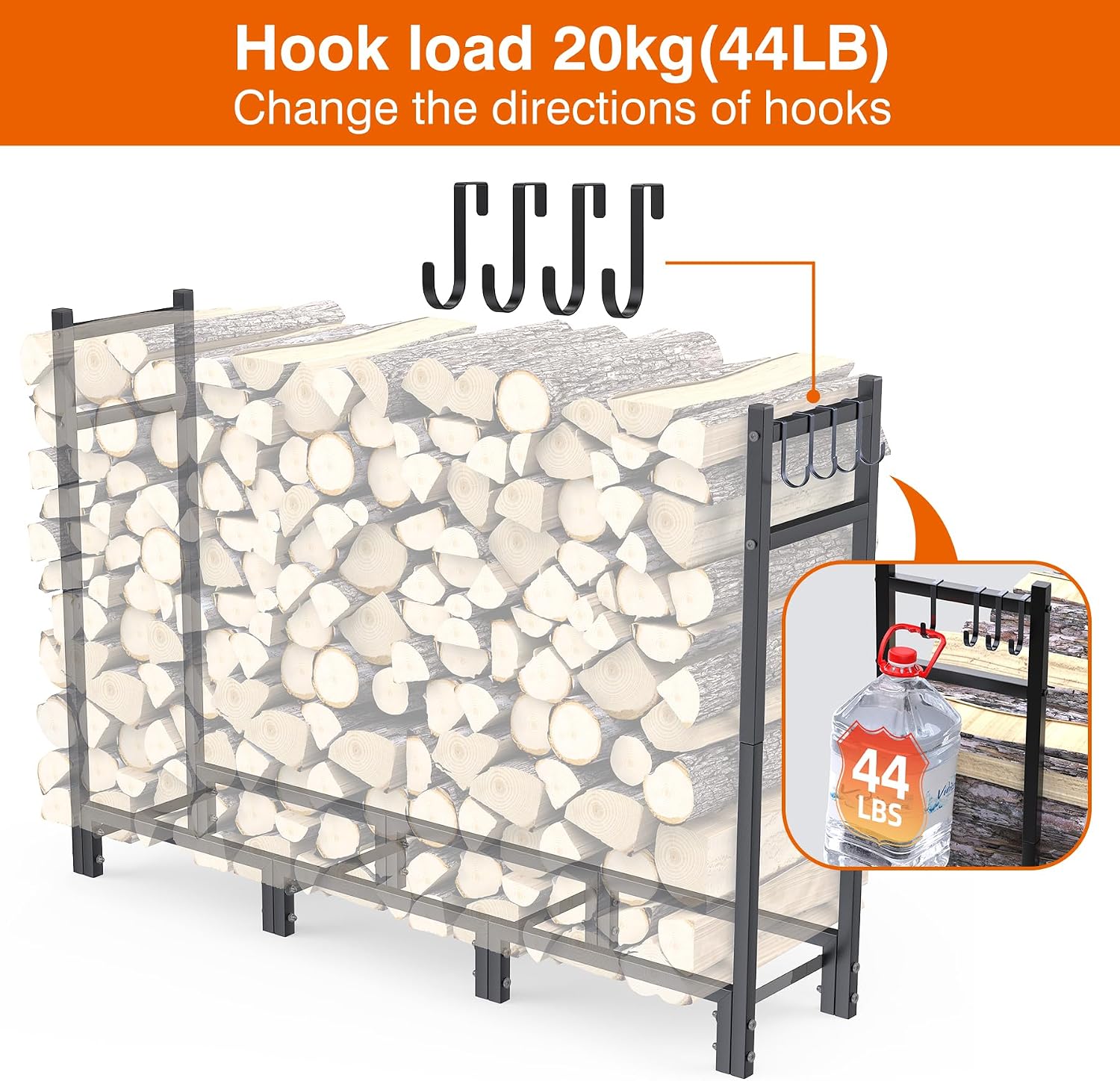 Firewood Rack Outdoor, 44.7" x 9.8" x 31.5", Black | Adjustable Wood Holder, 4 Hooks, Heavy Duty Log Rack, Indoor/Outdoor Firewood Storage