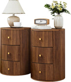 Fully Assembled Round End Table with 3 Storage Drawers, 15.75”Mid Century Side Table for Living Room, 3 Drawers Nightstand for Bedroom, Circle Sofa Bedside Table (Walnut-2 pcs)